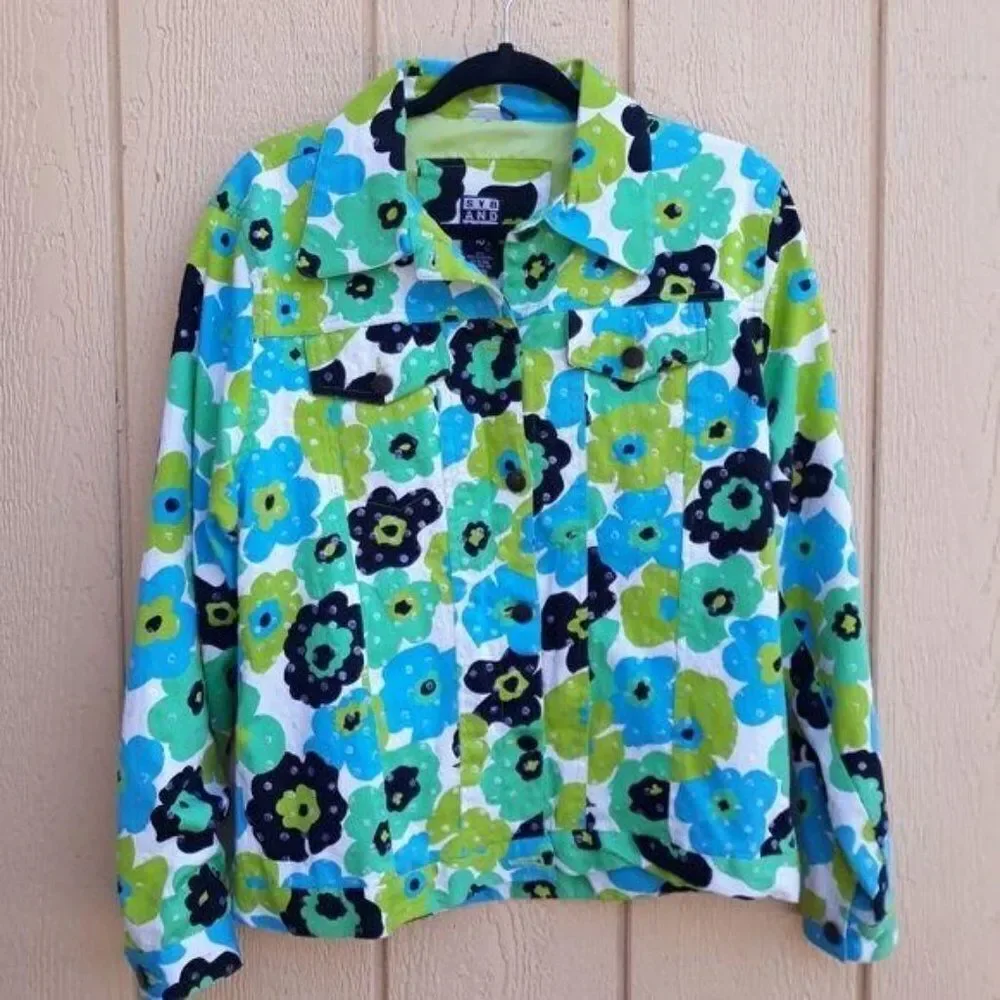 Whimsical 70's Flower Sequin Shaket Jean Jacket Floral Button Down Pockets Sz 10